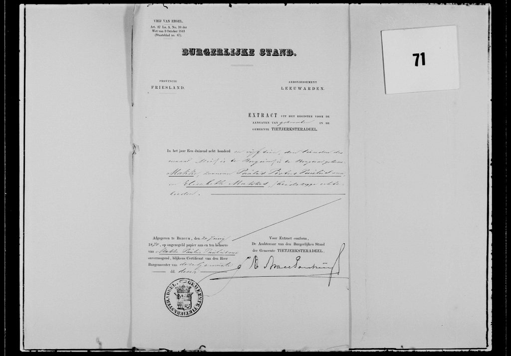 Extract geboorte register Makke Paulis Paulusma Huwelijksbijlage met Grietje Sipkes Bouma